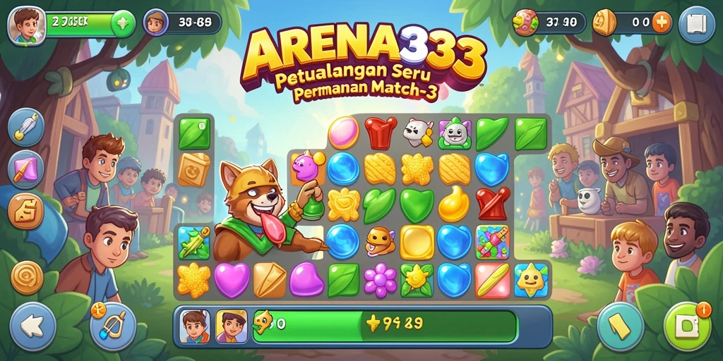 Tampilan gameplay seru dalam ARENA333 dengan elemen Match-3 yang berwarna-warni.