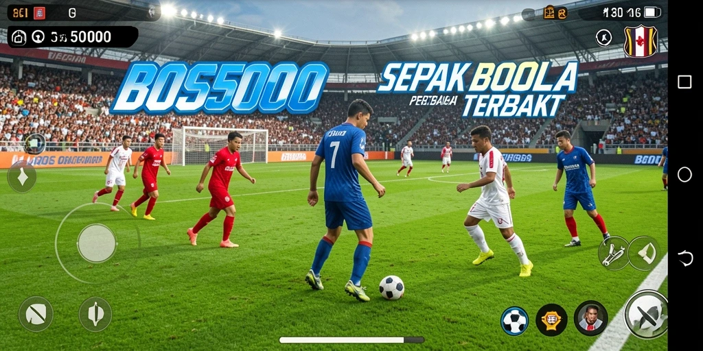 Screenshot utama BOS5000 menampilkan aksi seru di lapangan sepak bola.