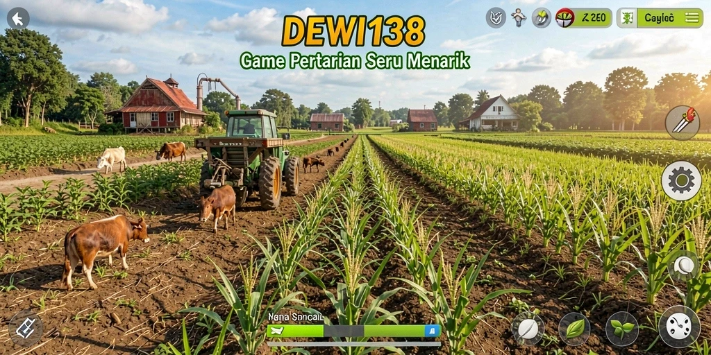 Tangkapan layar gameplay DEWI138 yang menampilkan kebun yang indah dan hasil panen melimpah.