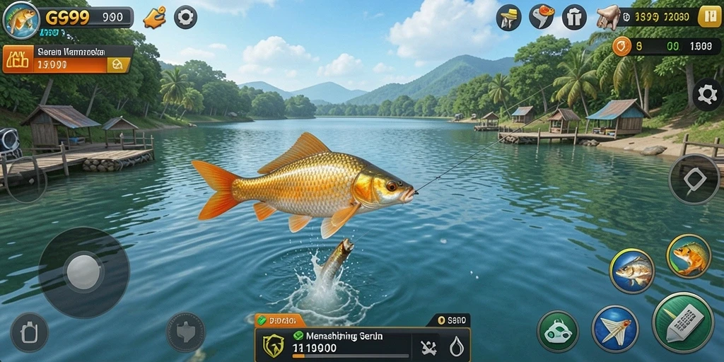 Screenshot gameplay GG999 yang menampilkan aksi memancing yang seru.