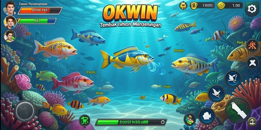 Tampilan gameplay <strong>OKWIN</strong> dengan ikan-ikan berwarna cerah dan efek menarik.