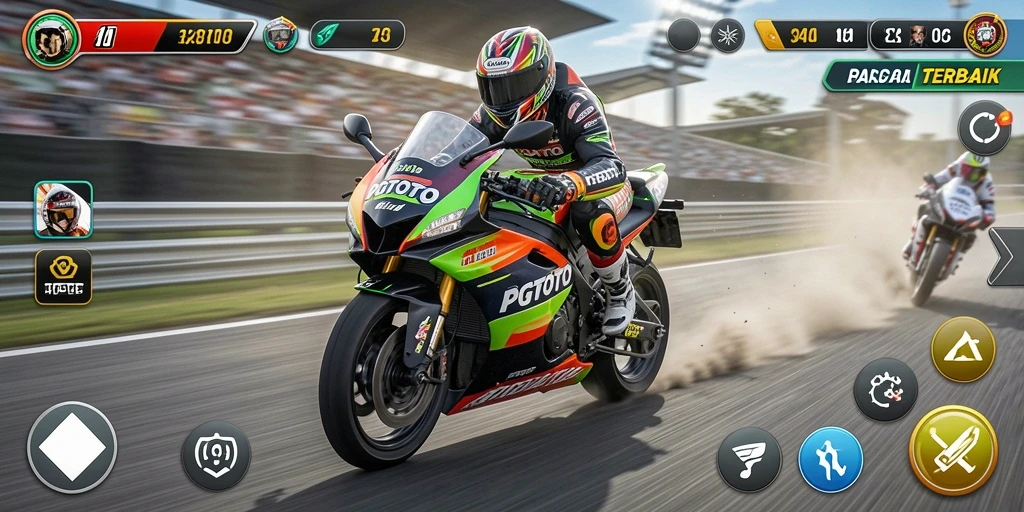 Gameplay PGTOTO menunjukkan aksi balapan motor yang mendebarkan.
