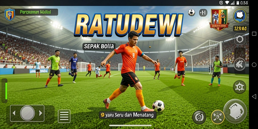 Tampilan gameplay menegangkan di RATUDEWI dengan aksi sepak bola nyata.