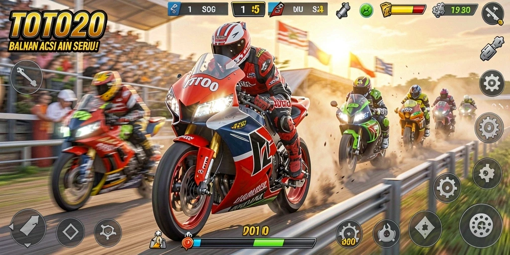 Tampilan gameplay seru dalam TOTO20 dengan balapan motor yang mendebarkan.